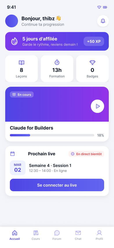 Écran d'accueil de l'application Ottho Academy avec progression et live à venir
