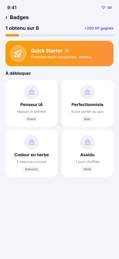 Écran des badges débloqués