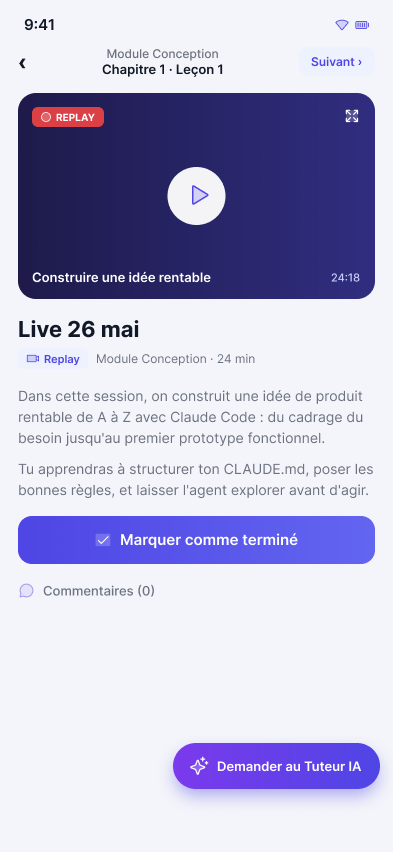 Écran d'une leçon dans l'app Ottho Academy