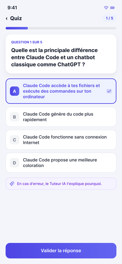 Écran de quiz dans l'app Ottho Academy